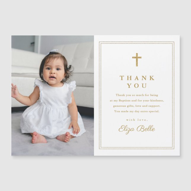 Croix d'or classique photo Baptême Merci (Devant)