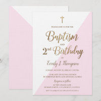 Croix d'or rose Baptême 2e Invitation anniversaire