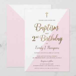 Croix d'or rose Baptême 2e Invitation anniversaire