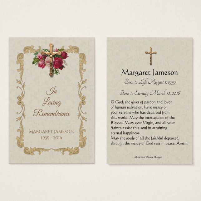Croix d'or Roses rouges Sympathie Condolence Carte (Devant & derrière)