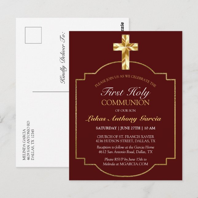 Croix dorée de première communion, Invitation élég (Devant / Derrière)