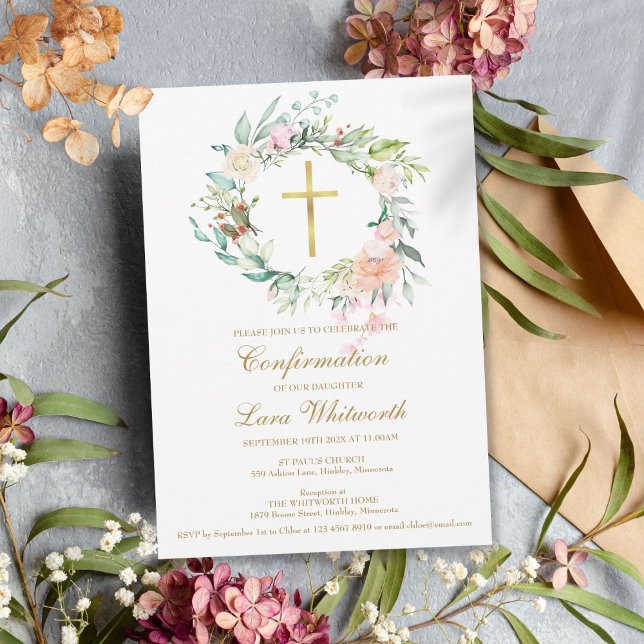 Croix dorée Invitation de confirmation florale aqu (Gold Cross Watercolor Floral Confirmation Invitation)