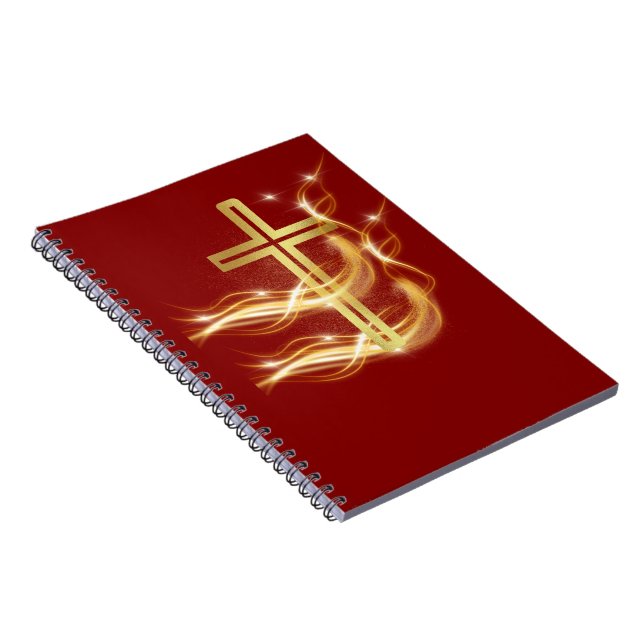 Croix dorée radiante élégante sur cahier rouge fon (Côté Droit)