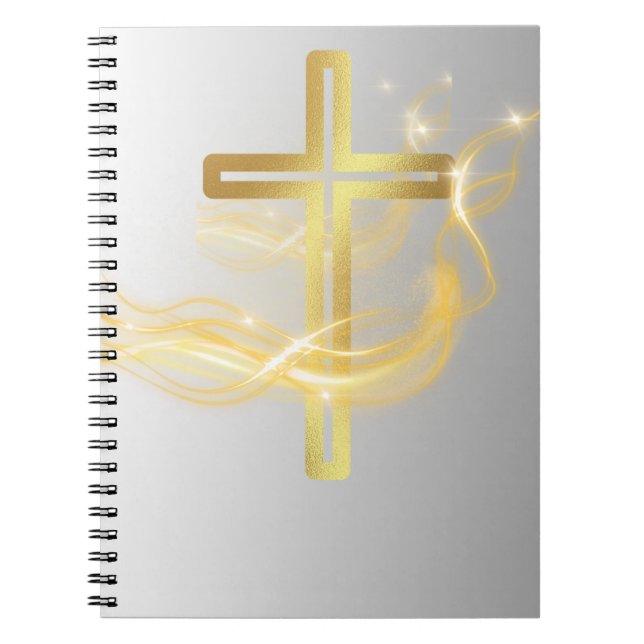 Croix dorée radieuse élégante sur cahier argenté (Devant)