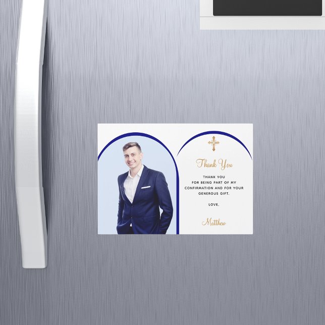 Croix du garçon photo bleu Carte de remerciements  (Créateur téléchargé)