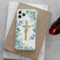 Croix en bois avec coque iphone Eucalyptus