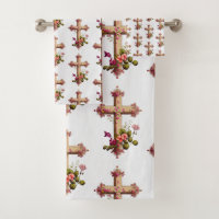 Croix en bois élégante avec motifs de fleurs roses