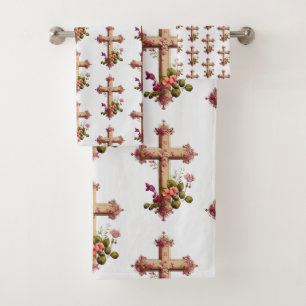 Croix en bois élégante avec motifs de fleurs roses