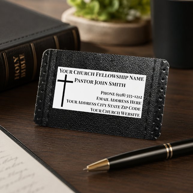 Croix en cuir noir Carte de visite Pasteur Église  (The leather details are simulated in the artwork. No actual leather will be used in this card.)