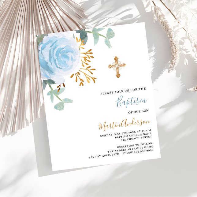 Croix florale bleu budget baptême invitation (Créateur téléchargé)