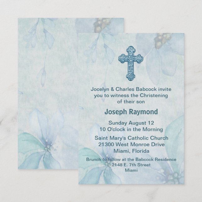 Croix Florale Bleue Bébé Christening Invitation (Devant / Derrière)