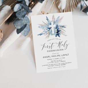 Croix florale bleue première communion invitation