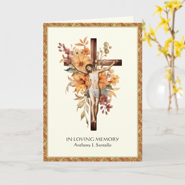 Croix florale catholique carte de prière de messe  (Fleur jaune)