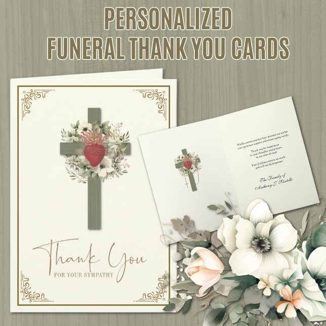 Croix Florale catholique Condolence Merci (Traditional Catholic Funeral Sympathy Thank You Card with Sacred Heart of Jesus)