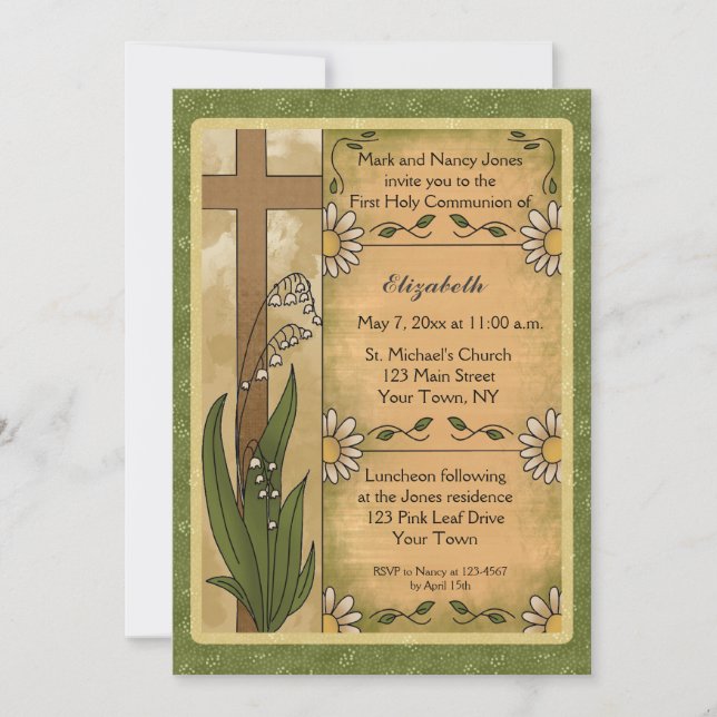 Croix, lis, invitation religieuse de marguerites (Devant)