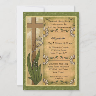 Croix, lis, invitation religieuse de marguerites