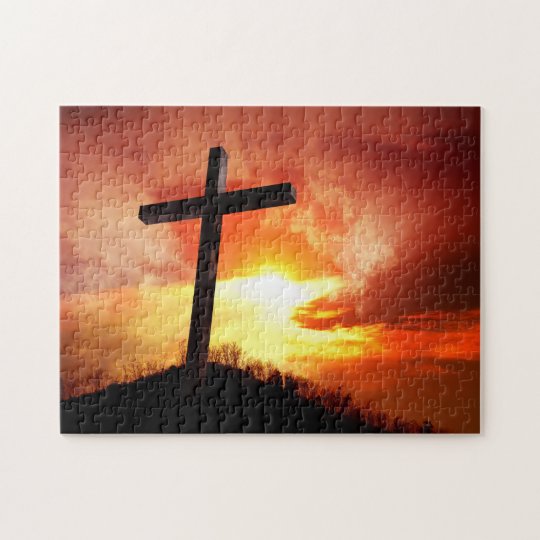Croix religieuse de Pâques au coucher du soleil Puzzle