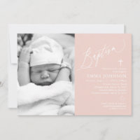 Croix rose Dusty Fille Photo Baptême Invitation