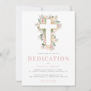 Croix rose florale Baby Dedication Invitation