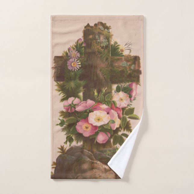 Croix rustique antique, roses sauvages, carte de P (Serviette à main)