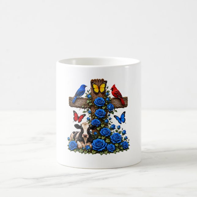 Croix rustique Roses bleues et mug vache (Centre)