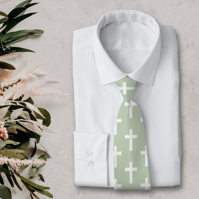 Croix sur Cravate vert (White Cross on Green Neck Tie)