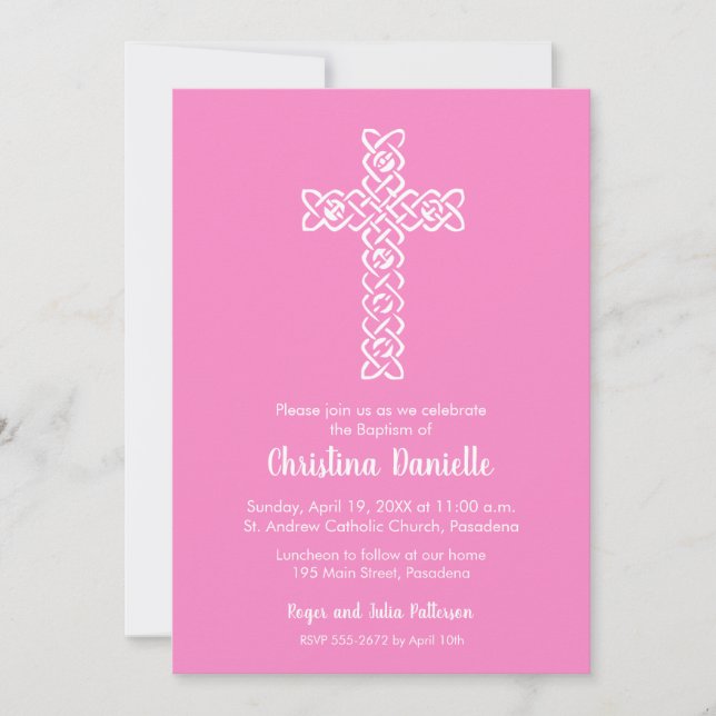 Croix sur les invitations religieuses roses Taffy (Devant)