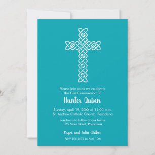 Croix sur Peacock Blue First Communion Invitations