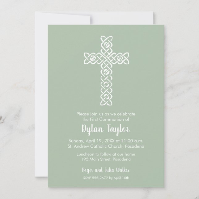 Croix sur Sage Green Baptism, Christening Invitati (Devant)