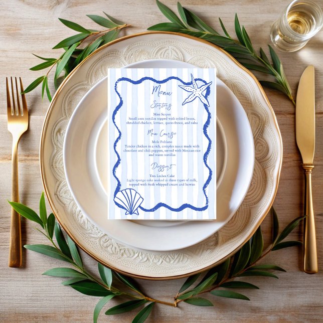 Croquis à la main coquillages plage mariage Menu (Handrawn sketch seashells blue wavy border beach wedding Menu cards personalized menu stationery)