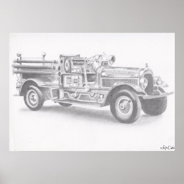 Croquis crayon de camion de feu grand poster de ré (Devant)