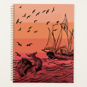 Croquis du monstre de mer du coucher de soleil vin