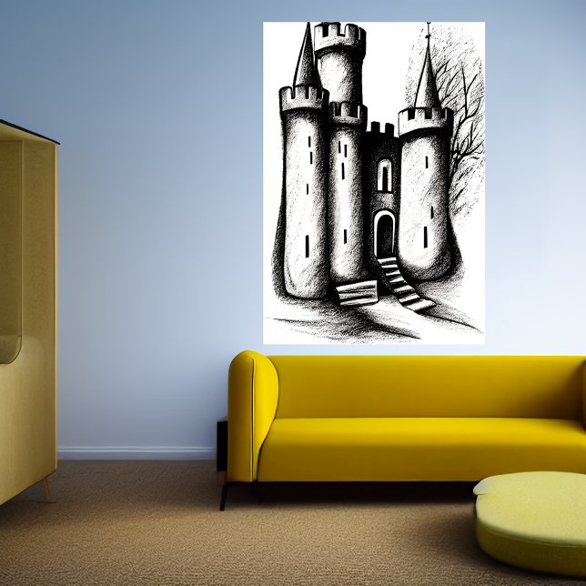 Croquis noir et blanc du château | AI Art Poster (Créateur téléchargé)