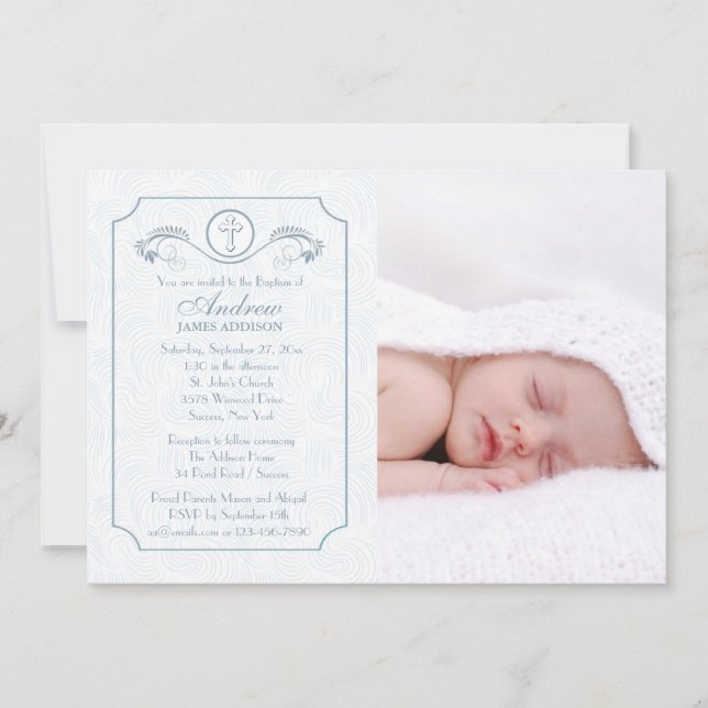 Cross Focus Blue Photo Invitation religieuse (Devant)