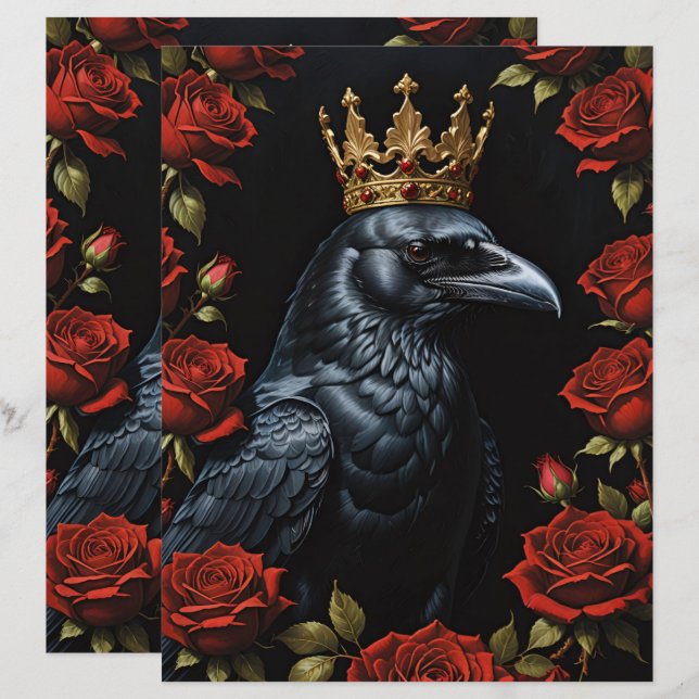 Crow dans une couronne d'or Red Roses Papier à res (Devant / Derrière)
