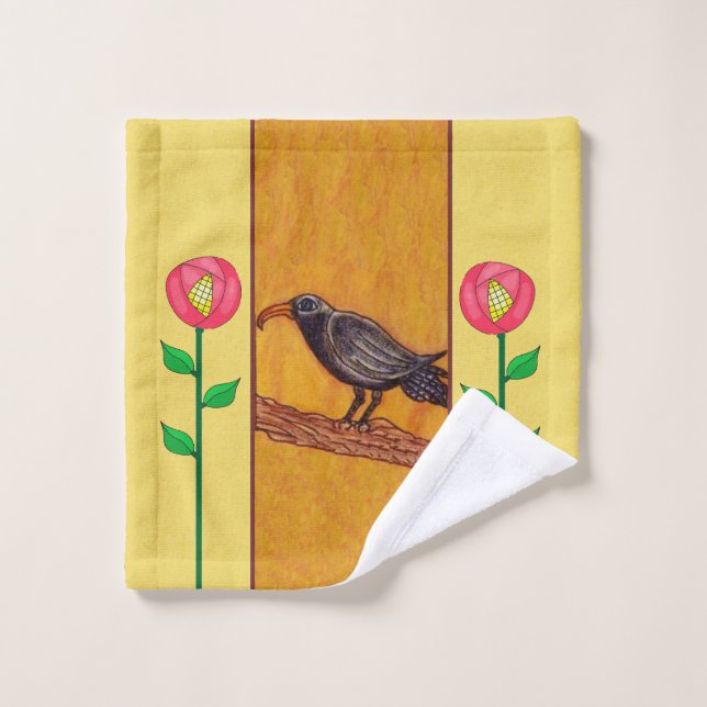 Crow noir sur Branche Fleurs rouges Jaunes Feuille (Gant de toilette)