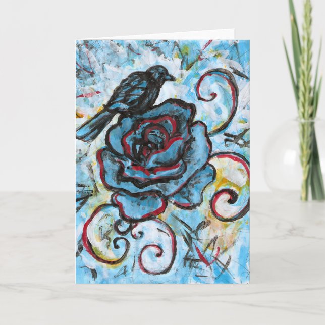Crow sur un Rose bleu, carte de voeux (Devant)