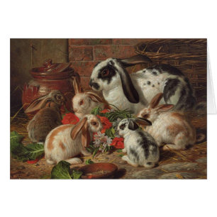 Cru - famille de lapin mangeant des fleurs,