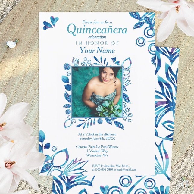 Crystal Blue Motif Quinceanera Invitation (royal blue floral quinceanera invitation with ornate photo border)