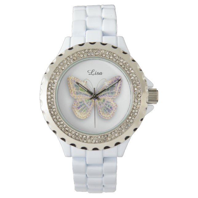 Crystal Butterfly - Montre en Silicone Blanc Sport (devant)