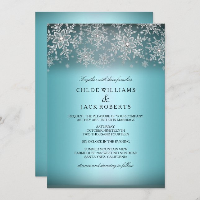 Crystal Snowflake Blue Winter Wedding Invitation (Devant / Derrière)