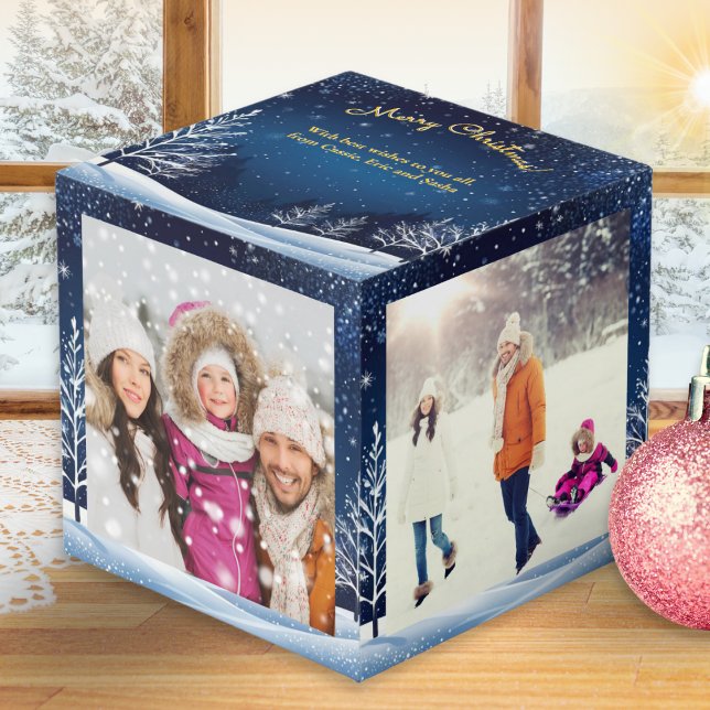 Cube Photo 4 Photos Scène Neige Bleu Nuit Ciel Joyeux Noël (A beautiful Christmas cube to personalize with four of your own photos and a custom message)