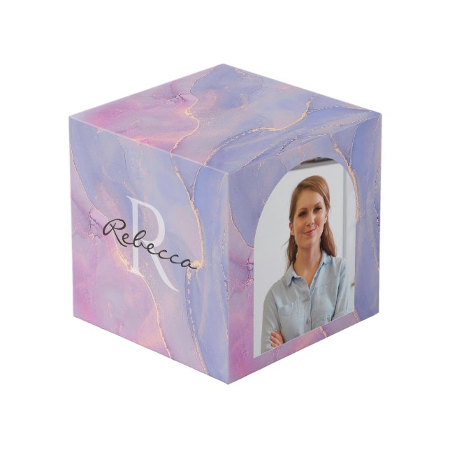 Cube Photo Aquarelle Monogramme Nom Personnalisé (Angle devant)