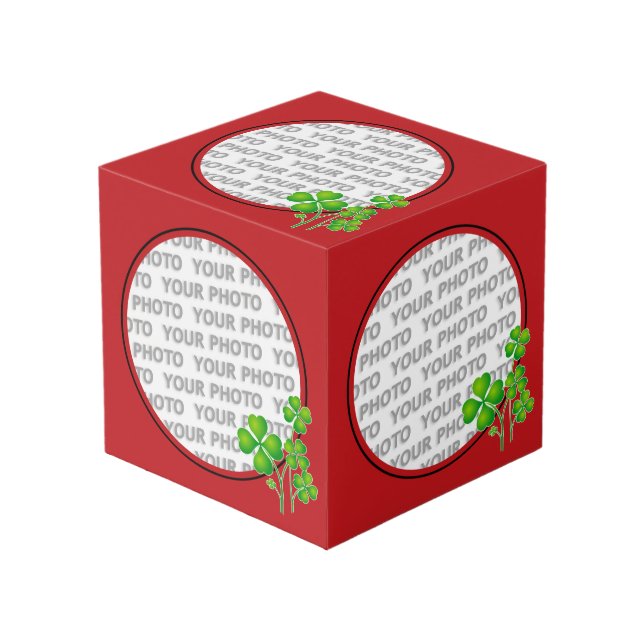 Cube Photo Arrondi en Carré Cadre rouge / trèfle + votre phot (Angle devant)