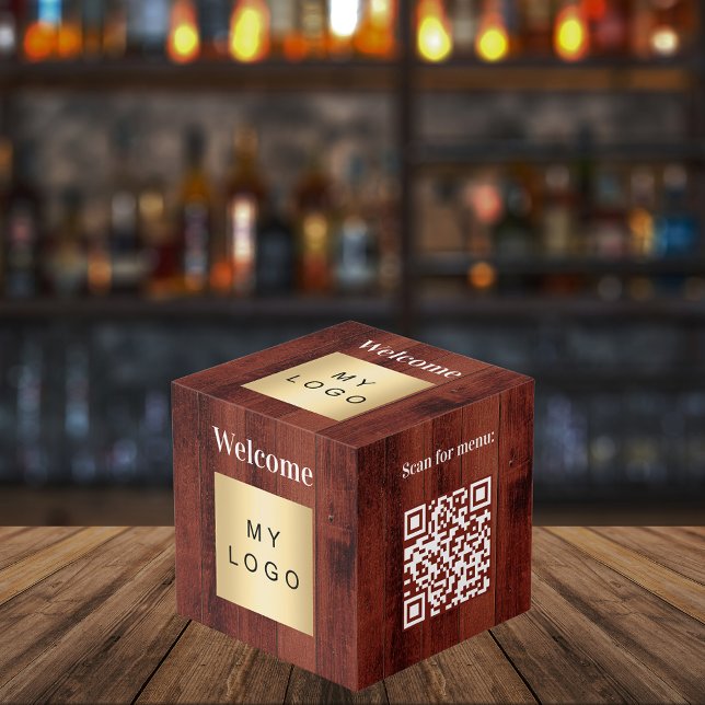 Cube Photo Bienvenue logo de l'entreprise QR code bois table  (Créateur téléchargé)