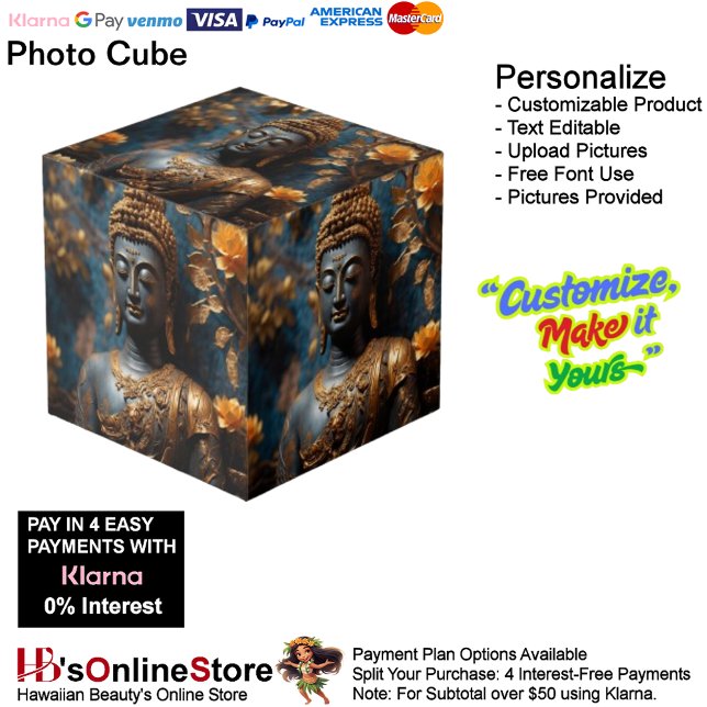Cube photo Bouddha (Buddha Floral Black Gold Calm Photo Cube.)