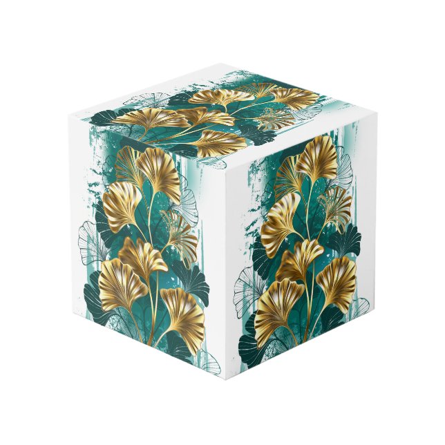 Cube Photo Branche avec Feuilles d'or Ginko Biloba (Angle devant)