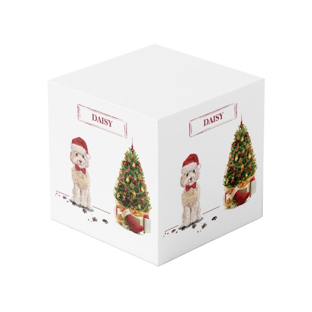 Cube Photo Champagne Cockapoo Drôle chien de Noël avec arbre (Angle devant)