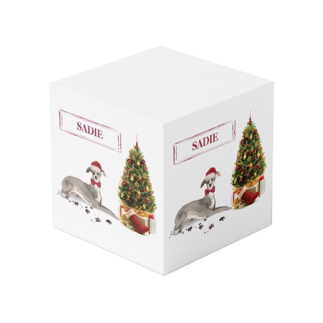 Cube Photo Chien de Noël italien Greyhound avec arbre (Angle arrière)