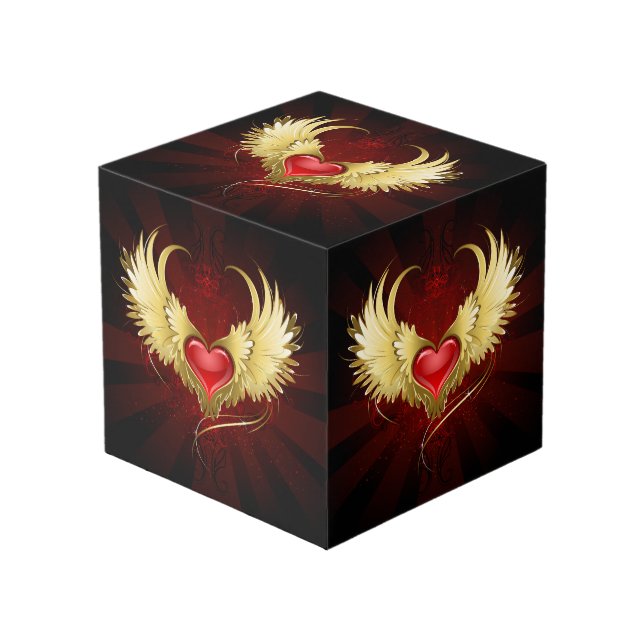 Cube Photo Coeur rouge avec ailes d'or (Angle devant)
